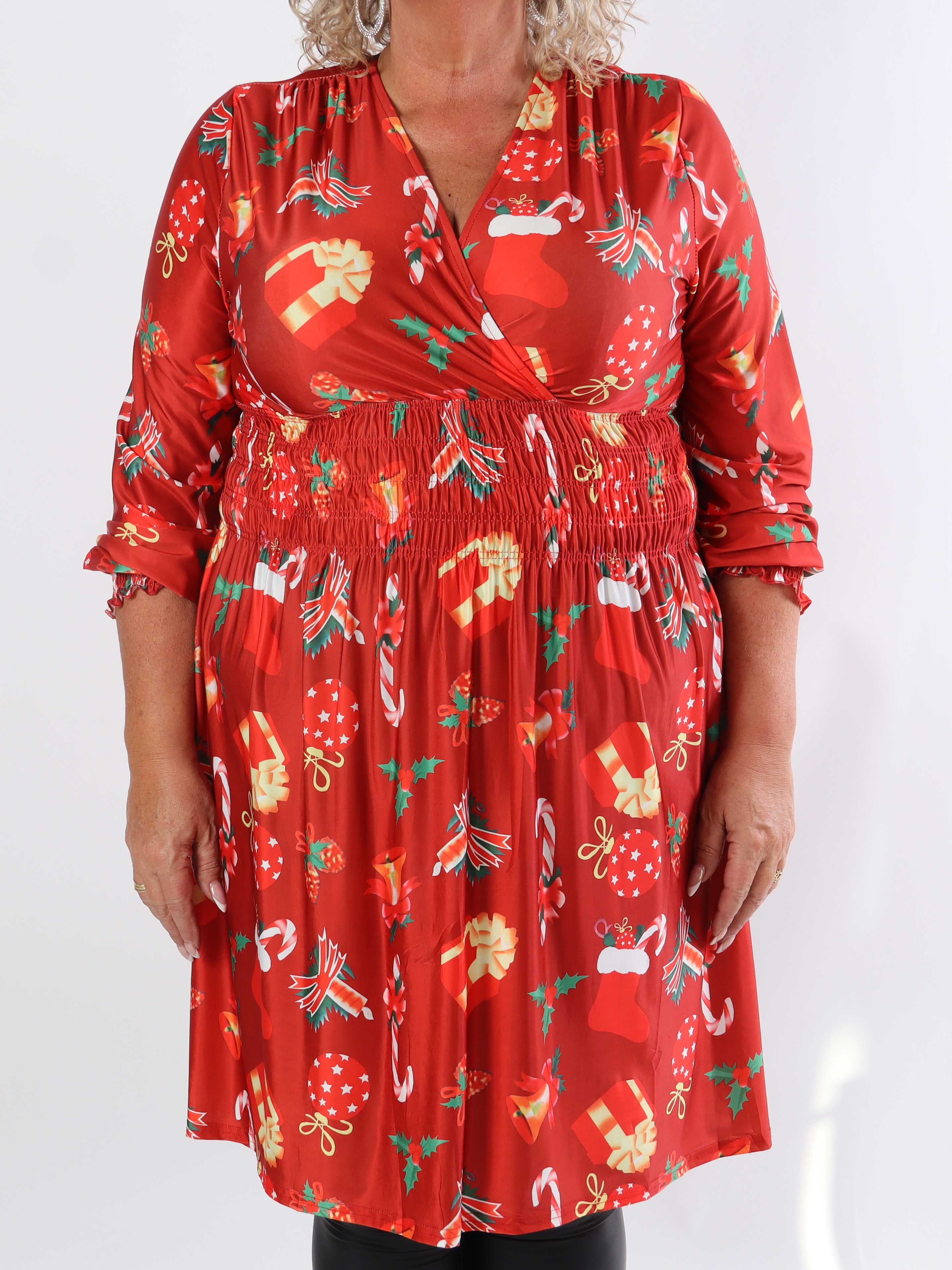 Pams Holiday Short L/S - Elastisk plus size kjole med julemotiver